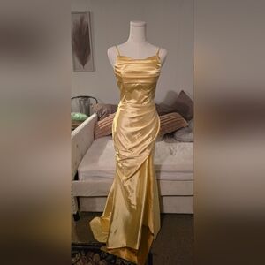 Elegant Yellow Satin Evening Gown